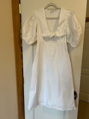 RHODE White Cotton Dress Umpire Waist Puff Sleeves With Front Tie and Cut Out